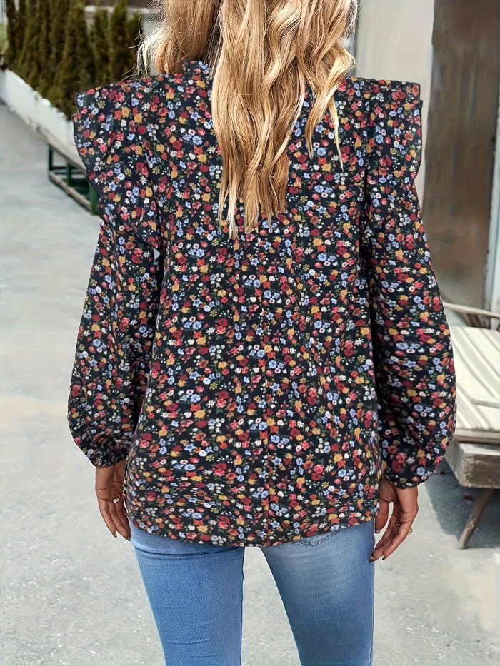 Ditsy Floral Print Blouse, Casual Shirred Ruffle Trim Long Sleeve Blouse, Women's Clothing