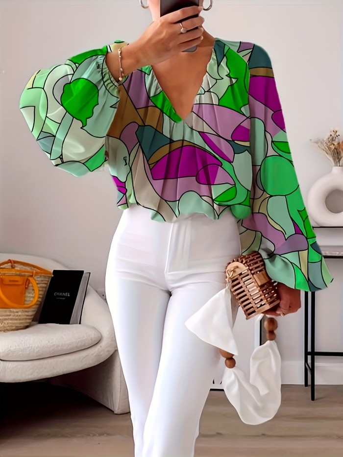 Geo Print Lantern Sleeve Blouse, Vintage V Neck Color Block Blouse, Women's Clothing