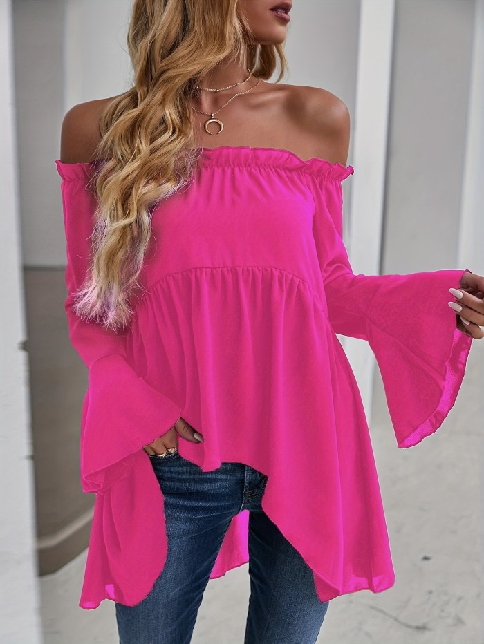 Chic Off Shoulder Ruffle Trim Blouse - Casual Solid Long Sleeve Polyester Shirt with Dipped Hem and Relaxed Fit - Perfect for All Seasons and Occasions