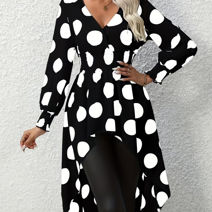 Asymmetrical Polka Dot Blouse, Long Sleeve V-neck Blouse, Casual Every Day Tops, Women's Clothing