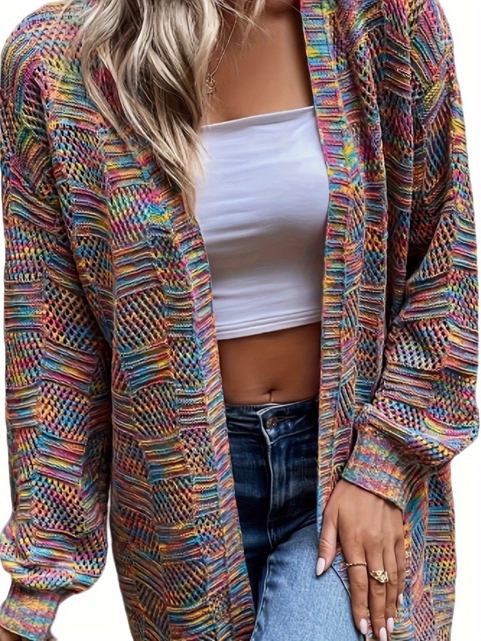 Colorful Open Front Pointelle Knit Cardigan, Elegant Long Sleeve Mid Length Loose Cardigan, Women's Clothing