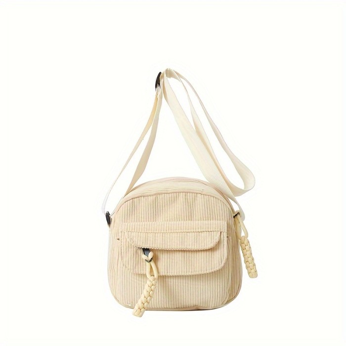 Corduroy Simple Chic Crossbody Satchel Bag - Adjustable Strap, Zipper Closure, Polyester Lining, Random Solid Color Pattern - Casual Everyday Companion for Women