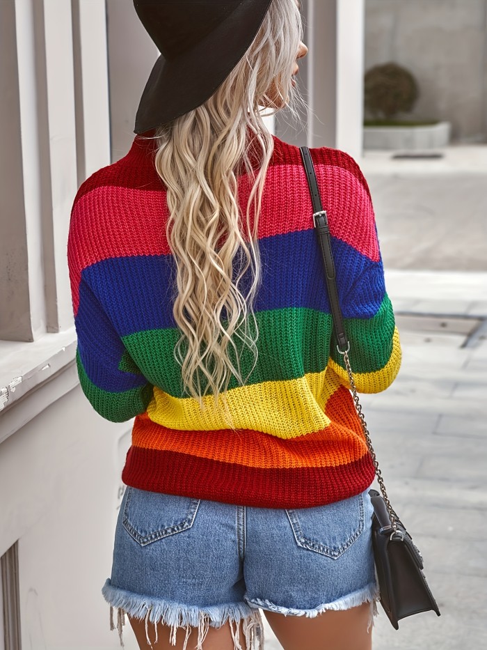 Chic Color Block Mock Neck Sweater – Comfortable Long Sleeve Knit for Women, Perfect for Spring & Autumn