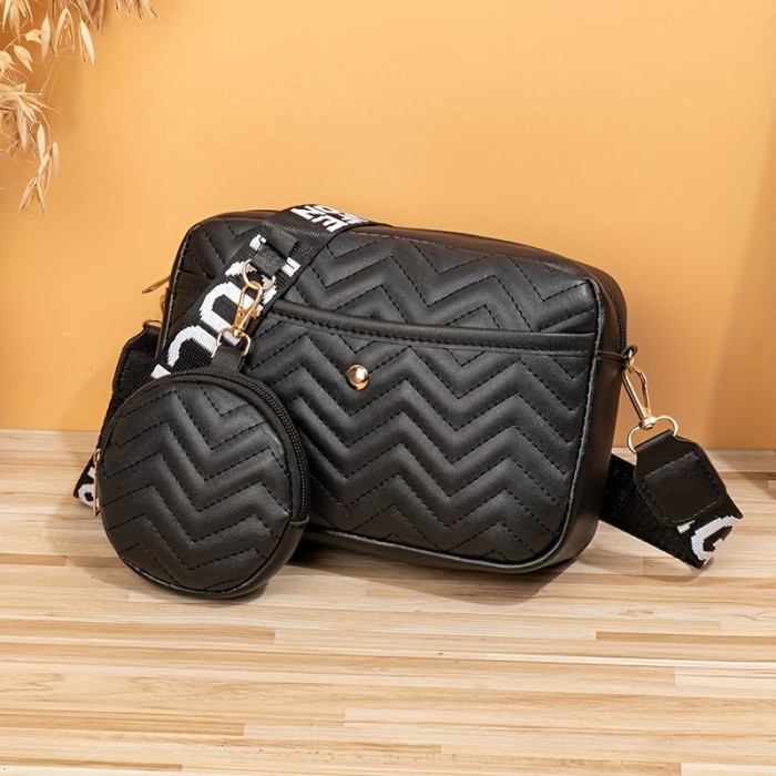 Quilted Crossbody Bag - Removable-strap, Zipper Closure, Polyester Lining, Faux Leather, Square Shoulder Bag with Round Coin Bag for Everyday Use