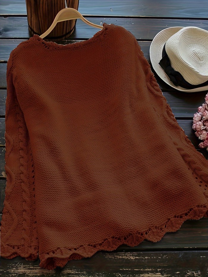 Plus Size Solid Color Cable Knitted Cardigan, Casual Button Front Long Sleeve Cardigan, Women's Plus Size Clothing