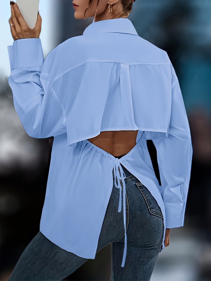 Cut Out Button Front Tied Blouse, Casual Long Sleeve Blouse For Spring & Fall, Women's Clothing