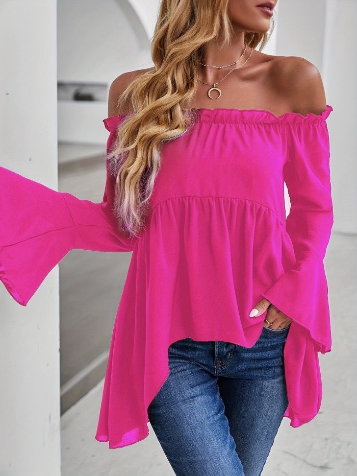 Chic Off Shoulder Ruffle Trim Blouse - Casual Solid Long Sleeve Polyester Shirt with Dipped Hem and Relaxed Fit - Perfect for All Seasons and Occasions