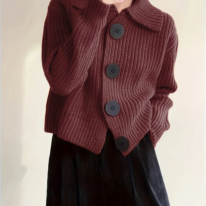 Plus Size Solid Color Button Front Knitted Cardigan, Stylish Casual Long Sleeve Cardigan For Fall & Winter, Women's Plus Size Clothing