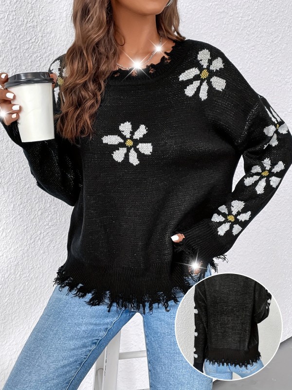 Flower Jacquard Crew Neck Pullover Sweater - Soft Medium Stretch Acrylic Knit Fabric, Tassel Details, Boho Style, Hand Washable - Casual Long Sleeve Drop Shoulder Sweater for Women, All Season Wear