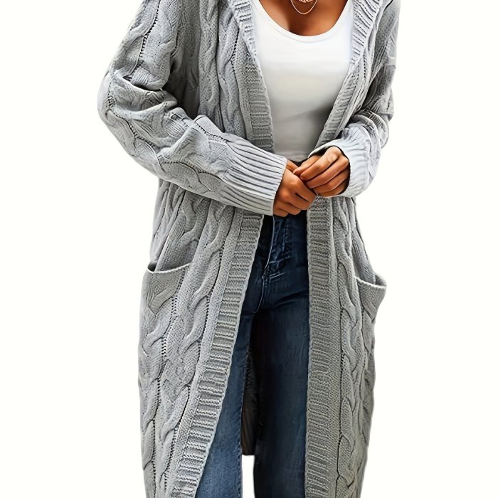 Solid Open Front Cable Knit Hooded Cardigan, Casual Long Sleeve Mid Length Sweater With Pocket, Women's Clothing