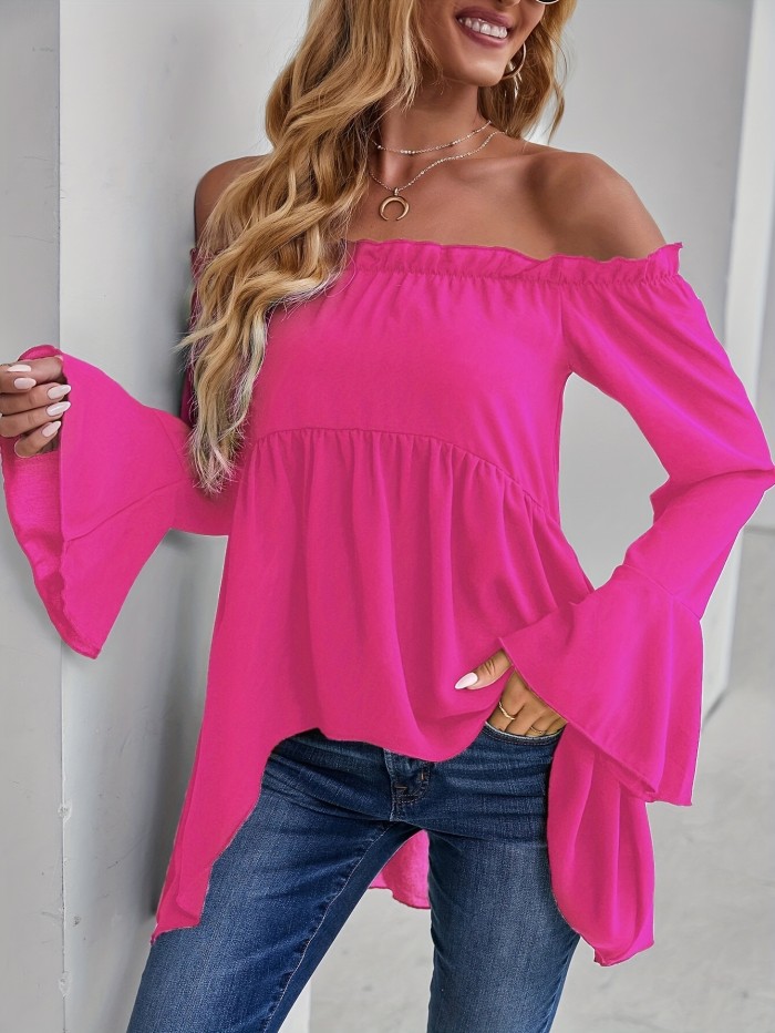 Chic Off Shoulder Ruffle Trim Blouse - Casual Solid Long Sleeve Polyester Shirt with Dipped Hem and Relaxed Fit - Perfect for All Seasons and Occasions