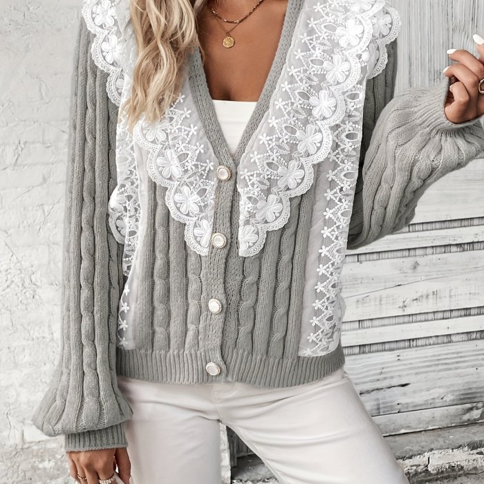Elegant & Warm Buttoned Lace Cardigan - Casual Chic, Durable Knitwear for Women | Fall\u002FWinter Essential