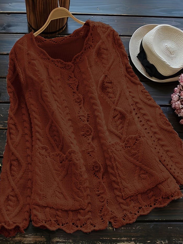 Plus Size Solid Color Cable Knitted Cardigan, Casual Button Front Long Sleeve Cardigan, Women's Plus Size Clothing