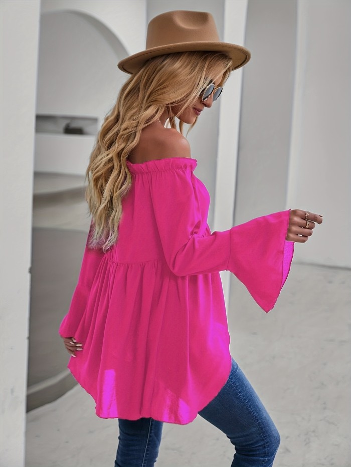 Chic Off Shoulder Ruffle Trim Blouse - Casual Solid Long Sleeve Polyester Shirt with Dipped Hem and Relaxed Fit - Perfect for All Seasons and Occasions
