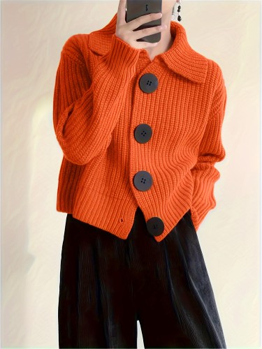 Plus Size Solid Color Button Front Knitted Cardigan, Stylish Casual Long Sleeve Cardigan For Fall & Winter, Women's Plus Size Clothing