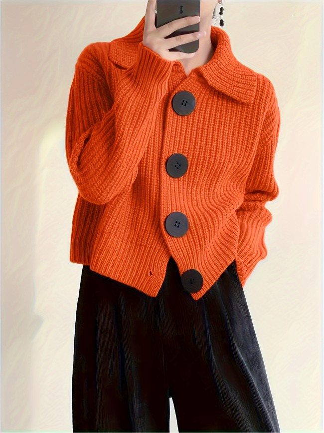 Plus Size Solid Color Button Front Knitted Cardigan, Stylish Casual Long Sleeve Cardigan For Fall & Winter, Women's Plus Size Clothing