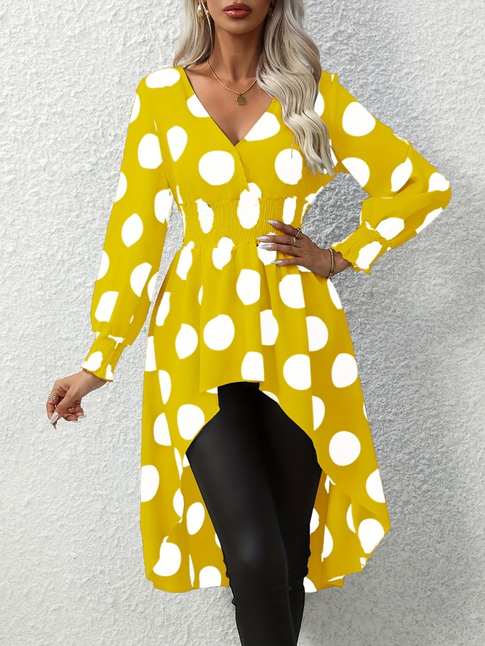 Asymmetrical Polka Dot Blouse, Long Sleeve V-neck Blouse, Casual Every Day Tops, Women's Clothing