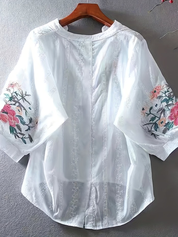 Timeless Vintage Floral Blouse - Flowy Dipped Hem & Chic V-Neckline - Feminine Print Premium Womens Clothing