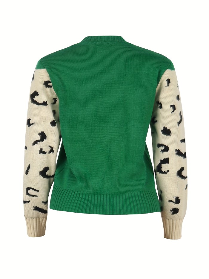 Contrast Leopard Pattern Crew Neck Knit Top, Casual Long Sleeve Pullover Sweater For Fall & Winter, Women's Clothing