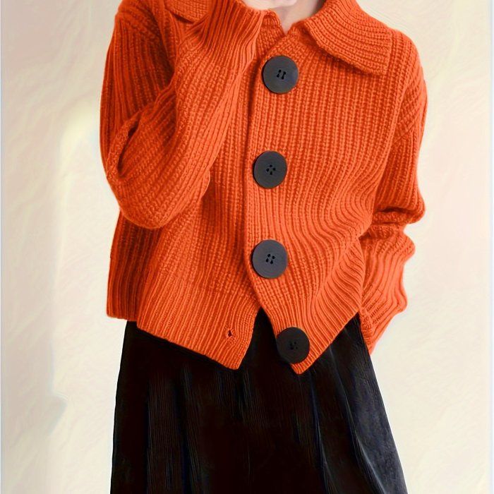 Plus Size Solid Color Button Front Knitted Cardigan, Stylish Casual Long Sleeve Cardigan For Fall & Winter, Women's Plus Size Clothing