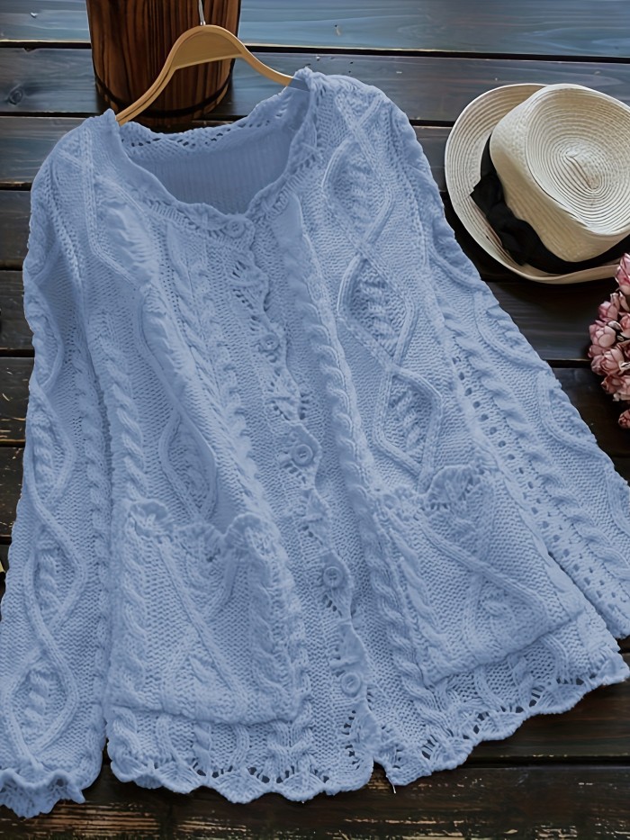 Plus Size Solid Color Cable Knitted Cardigan, Casual Button Front Long Sleeve Cardigan, Women's Plus Size Clothing