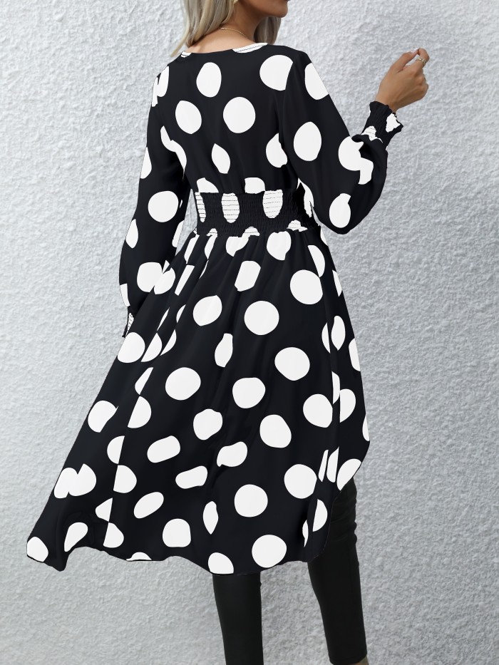 Asymmetrical Polka Dot Blouse, Long Sleeve V-neck Blouse, Casual Every Day Tops, Women's Clothing