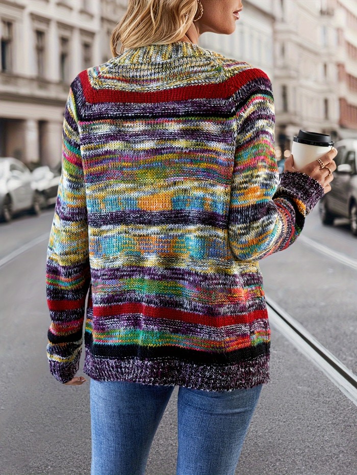 Rainbow Striped Open Front Cardigan, Casual Long Sleeve Cardigan For Spring & Fall, Women's Clothing