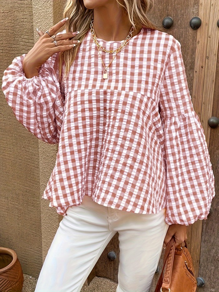 Plaid Print Lantern Sleeve Blouse, Sweet Crew Neck Textured Blouse For Spring & Fall, Women's Clothing