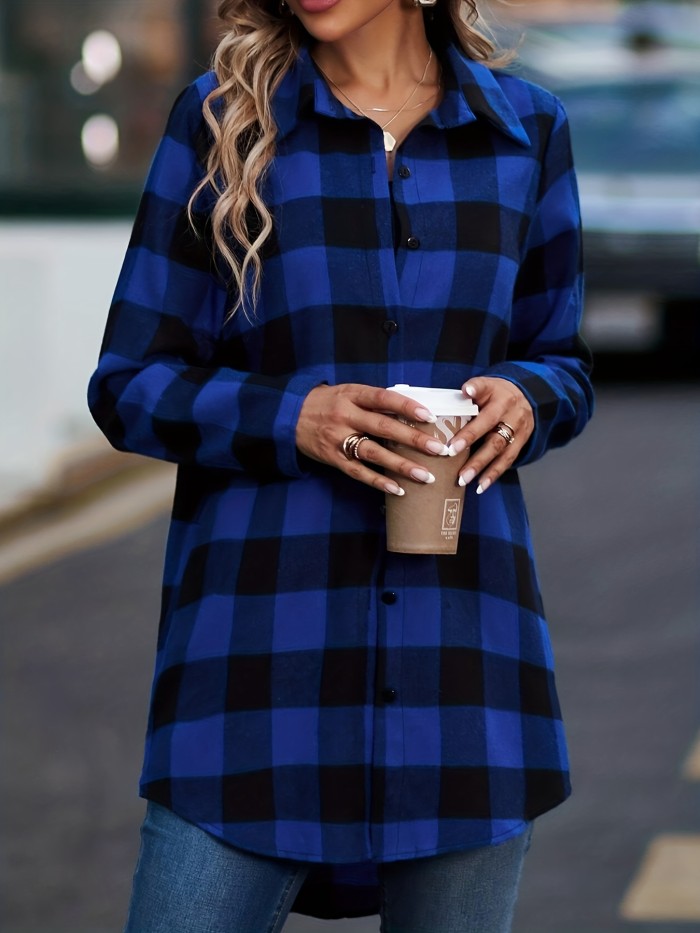 Plaid Print Classic Shirt, Casual Button Front Long Sleeve Shirt, Women's Clothing