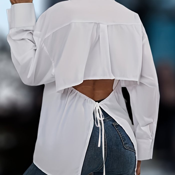 Cut Out Button Front Tied Blouse, Casual Long Sleeve Blouse For Spring & Fall, Women's Clothing