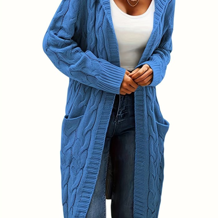 Solid Open Front Cable Knit Hooded Cardigan, Casual Long Sleeve Mid Length Sweater With Pocket, Women's Clothing