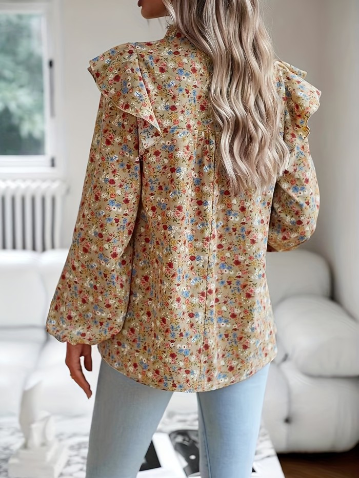 Ditsy Floral Print Blouse, Casual Shirred Ruffle Trim Long Sleeve Blouse, Women's Clothing