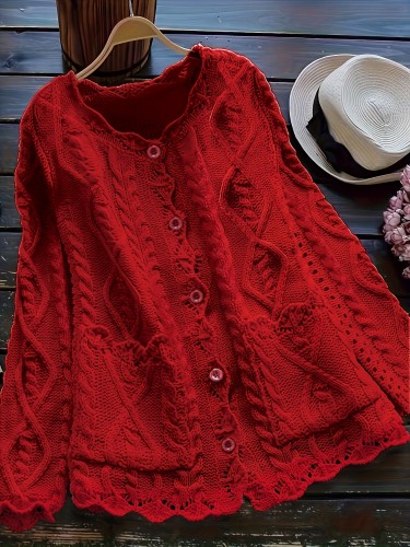Plus Size Solid Color Cable Knitted Cardigan, Casual Button Front Long Sleeve Cardigan, Women's Plus Size Clothing