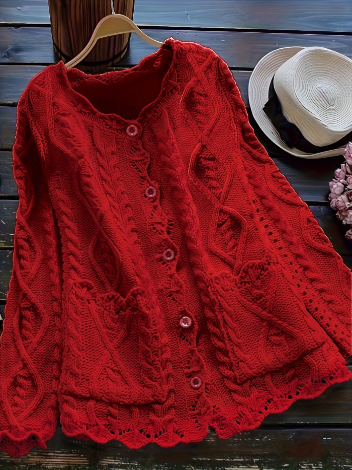 Plus Size Solid Color Cable Knitted Cardigan, Casual Button Front Long Sleeve Cardigan, Women's Plus Size Clothing