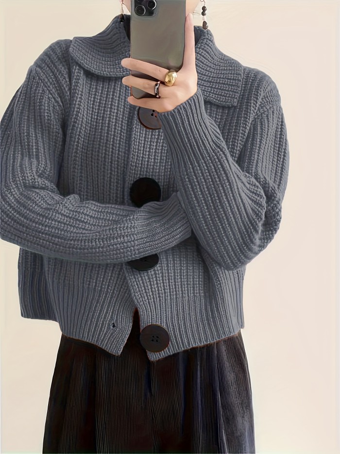 Plus Size Solid Color Button Front Knitted Cardigan, Stylish Casual Long Sleeve Cardigan For Fall & Winter, Women's Plus Size Clothing