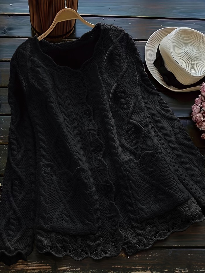 Plus Size Solid Color Cable Knitted Cardigan, Casual Button Front Long Sleeve Cardigan, Women's Plus Size Clothing
