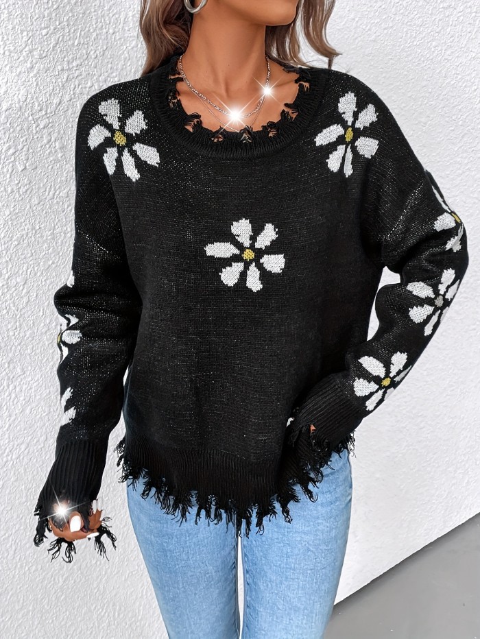 Flower Jacquard Crew Neck Pullover Sweater - Soft Medium Stretch Acrylic Knit Fabric, Tassel Details, Boho Style, Hand Washable - Casual Long Sleeve Drop Shoulder Sweater for Women, All Season Wear