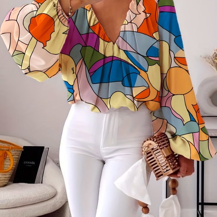 Geo Print Lantern Sleeve Blouse, Vintage V Neck Color Block Blouse, Women's Clothing