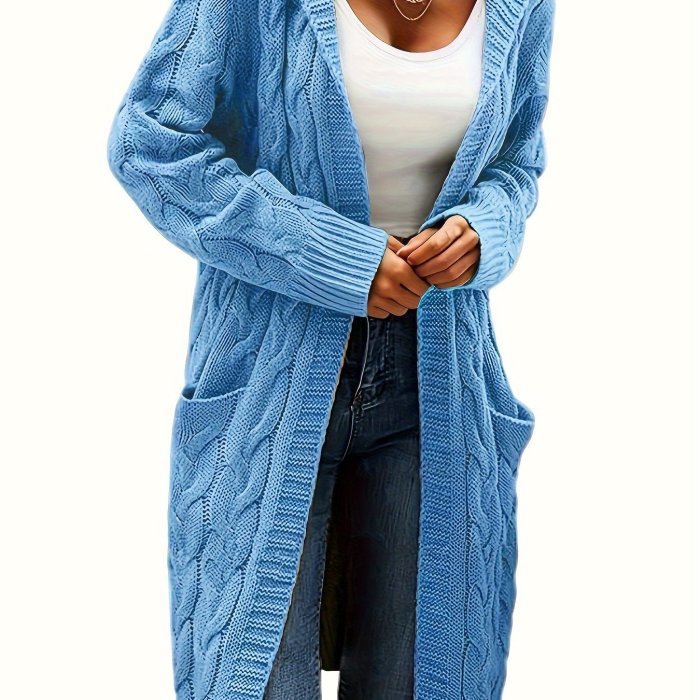 Solid Open Front Cable Knit Hooded Cardigan, Casual Long Sleeve Mid Length Sweater With Pocket, Women's Clothing