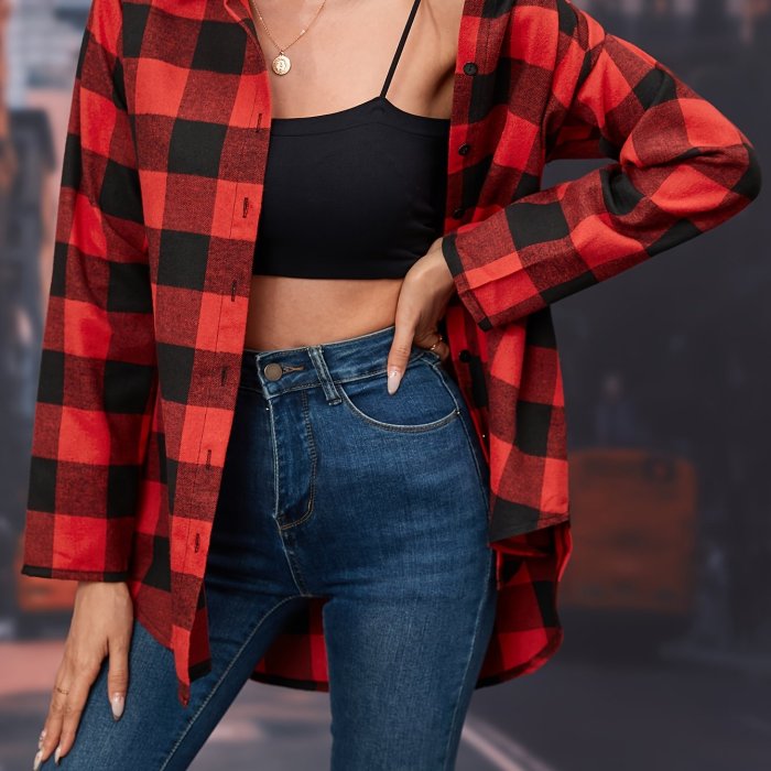 Plaid Print Classic Shirt, Casual Button Front Long Sleeve Shirt, Women's Clothing
