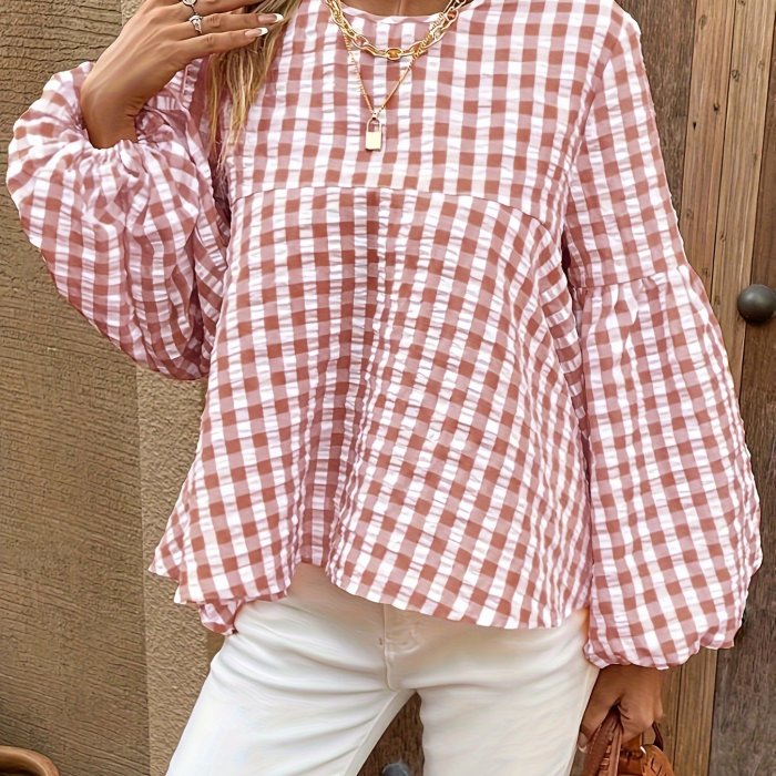 Plaid Print Lantern Sleeve Blouse, Sweet Crew Neck Textured Blouse For Spring & Fall, Women's Clothing