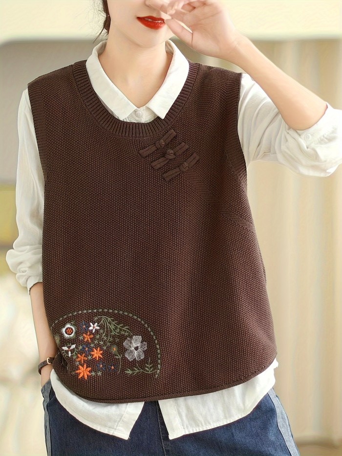 Floral Embroidered Sweater Vest, Casual Crew Neck Sweater Vest For Fall & Winter, Women's Clothing