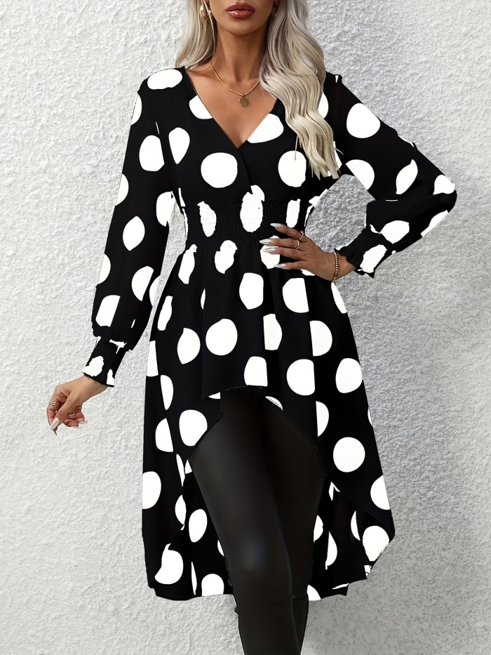 Asymmetrical Polka Dot Blouse, Long Sleeve V-neck Blouse, Casual Every Day Tops, Women's Clothing