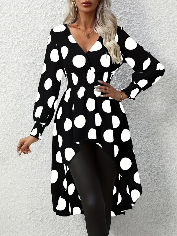 Asymmetrical Polka Dot Blouse, Long Sleeve V-neck Blouse, Casual Every Day Tops, Women's Clothing