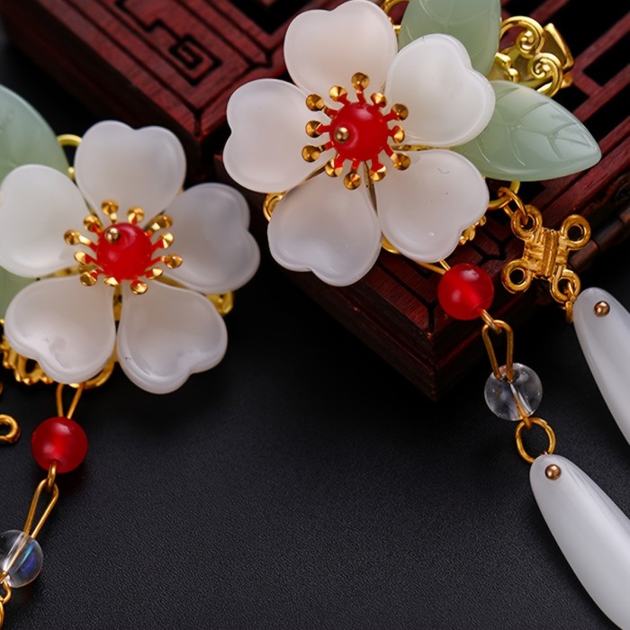 2-Piece Ancient Hanfu Headdress Hair Accessories - Exquisite Alloy Hairpin with Flower Tassel Design, Traditional Chinese Style Clothing Accessory with Secure Ancient Side Clip - Perfect for Hanfu Costume Enthusiasts and Historical Reenactors