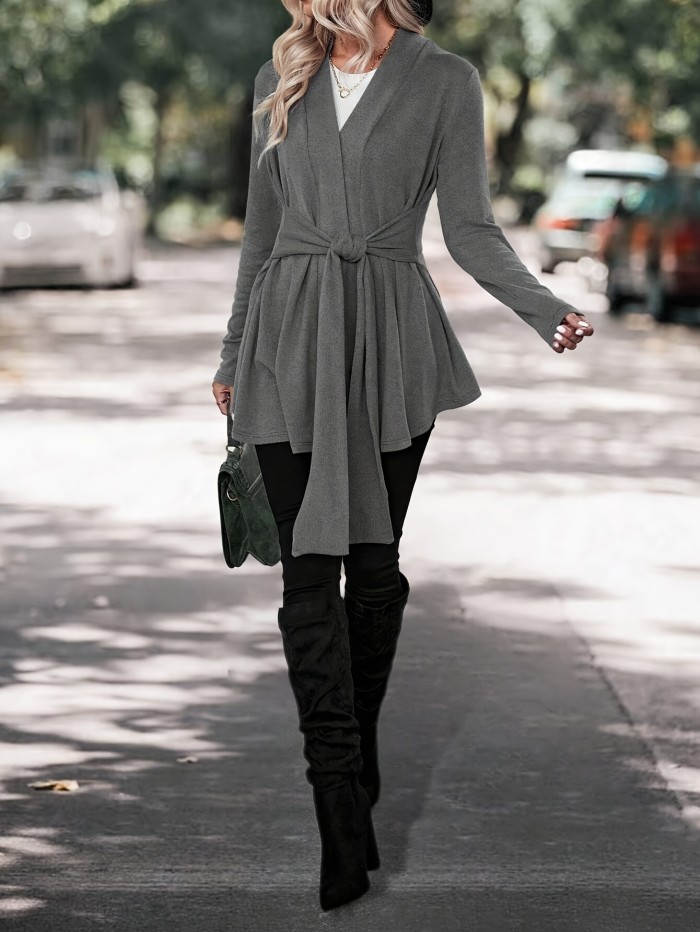 Long Sleeve Polyester Blouse With V-Neck, Adjustable Belt, And Elastic Waist, All-Season Knit Top With Various Styling Options For Women