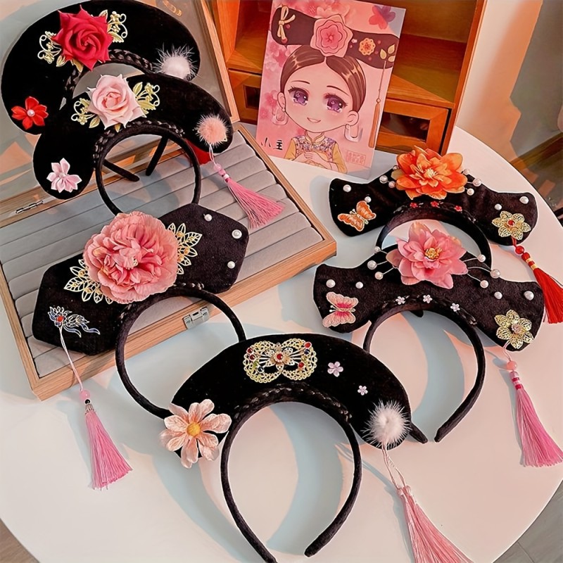 Chinese Palace Style Fabric Headbands – Traditional Dress-Up Hair Accessories with Floral & Tassel Embellishments – Single Piece, Solid Color Hairbands for Costume & Cultural Events