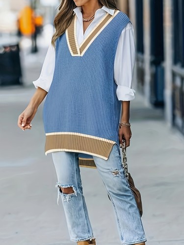 Plus Size Elegant V Neck Sweater Vest - Soft Slight Stretch Knit Fabric, Color Block Pattern, Split Hem Sleeveless Design for Spring & Summer - Womens Comfortable All-Season Clothing