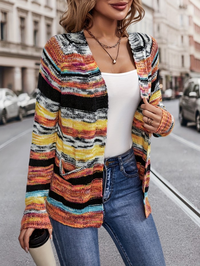 Rainbow Striped Open Front Cardigan, Casual Long Sleeve Cardigan For Spring & Fall, Women's Clothing