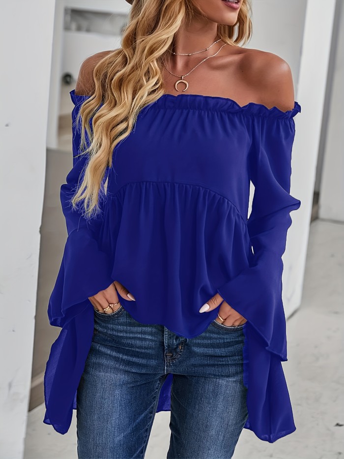 Chic Off Shoulder Ruffle Trim Blouse - Casual Solid Long Sleeve Polyester Shirt with Dipped Hem and Relaxed Fit - Perfect for All Seasons and Occasions